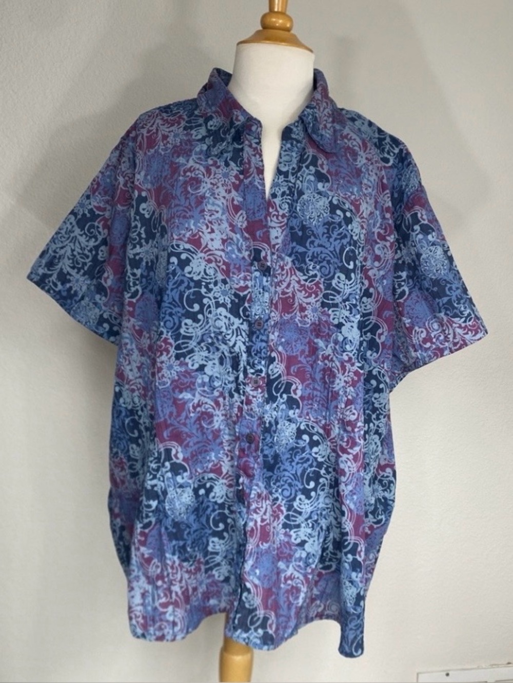 Ms. Lee Women's Blue Purple Collared Button Short Sleeve Shirt Size 3X Tropical